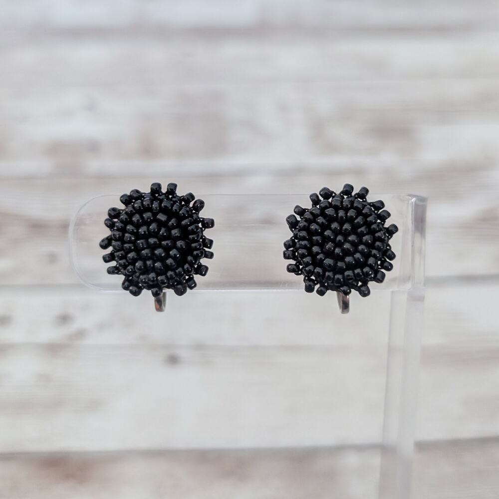 Vintage Screw Back Earrings Black Seed Beads
